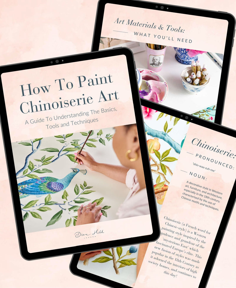 Various ipad mock-ups of pages from Diane Hill's new digital e-book: How To Paint Chinoiserie Art