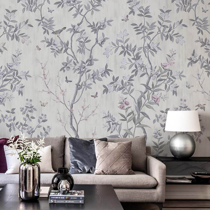 'Chinoiserie Chic, Pearl Grey' chinoiserie wallpaper by Diane Hill for Rebel Walls in a living room lifestyle photo