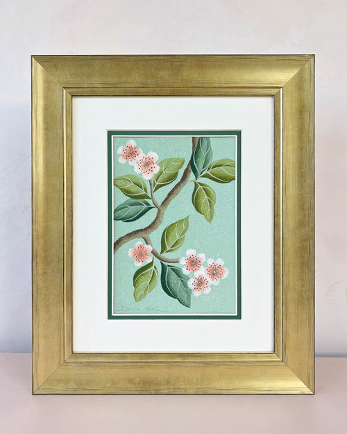 framed blue chinoiserie painting on india tea paper featuring antique style blossom branch