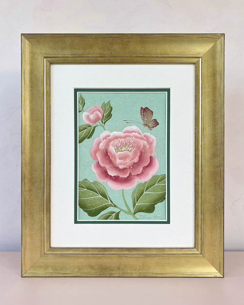Diane Hill's original chinoiserie painting 'Antique Dog Rose' in a gold frame on a plain white background