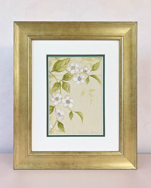 framed ivory chinoiserie painting on india tea paper featuring antique style flowers on branches