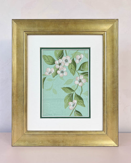 framed blue chinoiserie painting on india tea paper featuring antique style flowers on branches