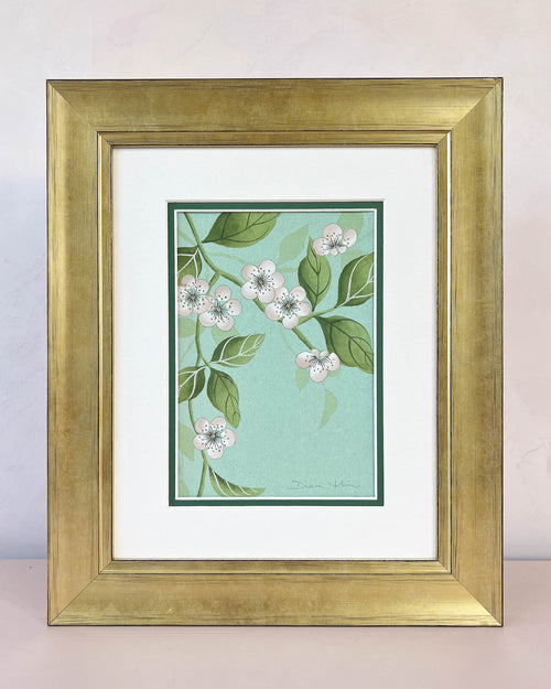 framed blue chinoiserie painting on india tea paper featuring antique style flowers on branches