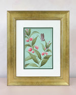 framed blue chinoiserie painting on silk paper featuring vintage style butterfly, leaves and flowers