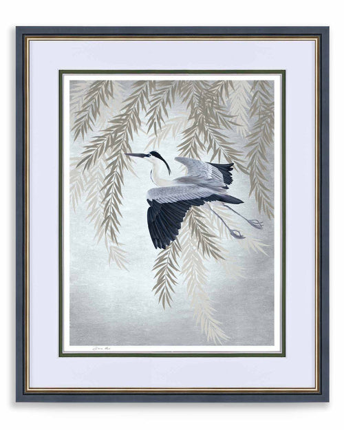 framed Japanese-style chinoiserie wall art print featuring heron and wisteria on silver background