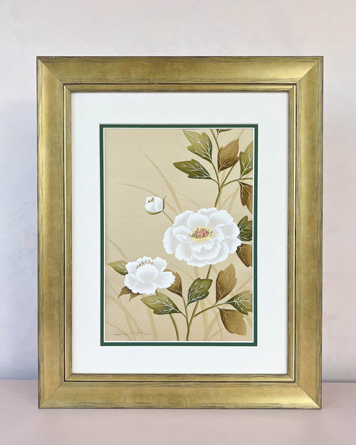 framed gongbi style chinoiserie painting featuring white roses and leaves