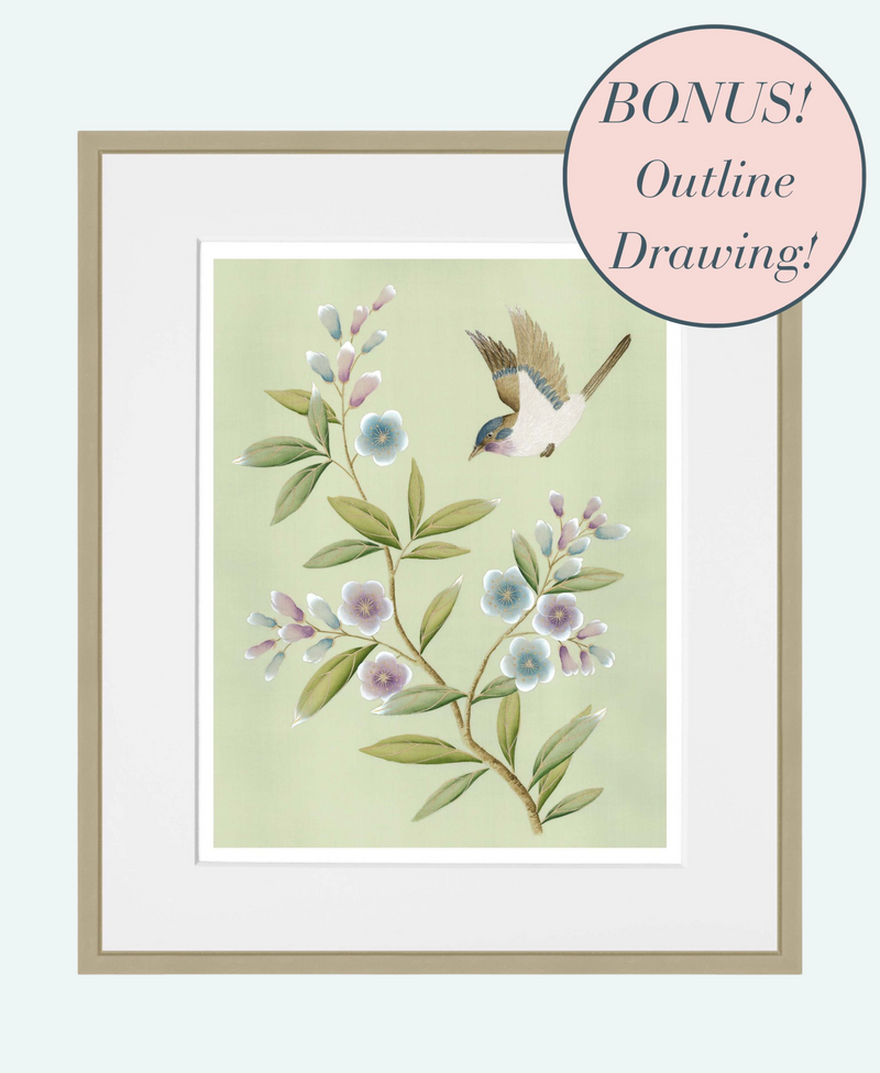 Diane Hill's 'Carrie' chinoiserie art print featuring a bird and flower branch on a light green background. The image has a blue and pink label that reads 'BONUS! Outline Drawing!'