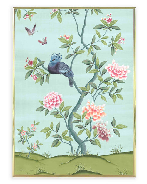 framed blue and green botanical chinoiserie wall art print with flowers and birds in Chinese painting style
