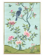 framed blue and green botanical chinoiserie wall art print with flowers and birds in Chinese painting style