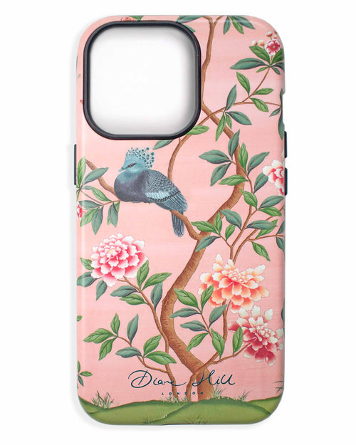 pink luxury phonecase with chinoiserie style bird and white flowers
