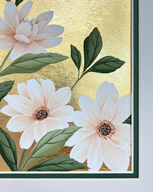 close up of botanical chinoiserie painting on gold leaf paper featuring a three pink and white flowers