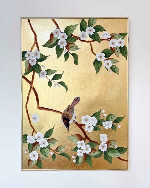 framed botanical chinoiserie painting on gold leaf paper featuring a bird on cherry blossom branch