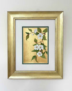 framed botanical chinoiserie painting on gold leaf paper featuring white flowers on a branch