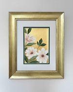 framed botanical chinoiserie painting on gold leaf paper featuring a three pink and white flowers