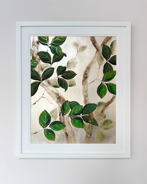 framed botanical chinoiserie painting on metal leaf paper featuring green vines and branches