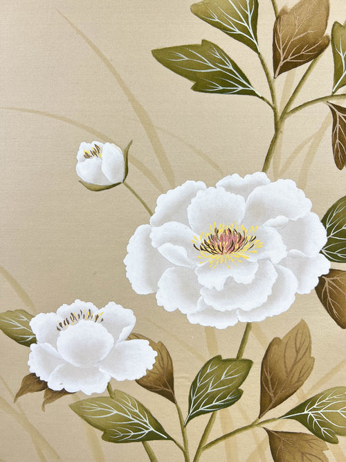 close up of framed gongbi style chinoiserie painting featuring white roses and leaves