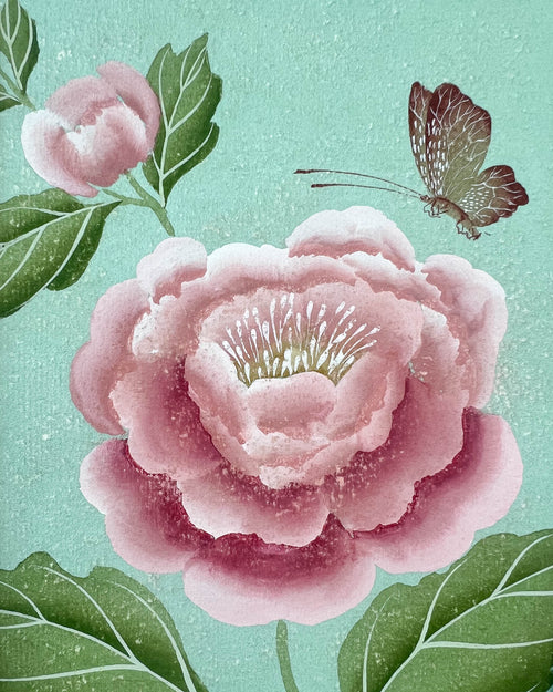 Close up of the detailing and texture on the leaves and flowers featured in Diane Hill's original chinoiserie painting 'Antique Dog Rose'