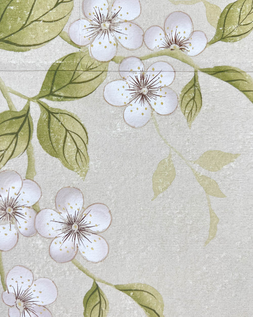 close up of ivory chinoiserie painting on india tea paper featuring antique style flowers on branches