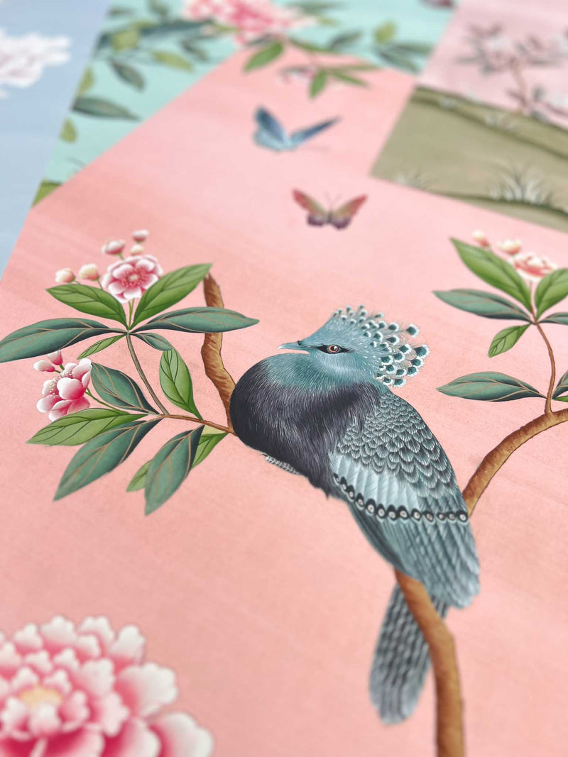 close up of colourful vintage style botanical chinoiserie art prints