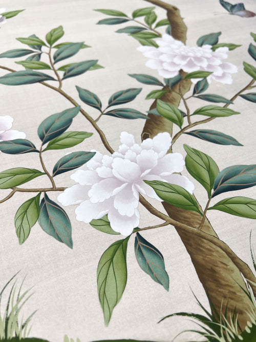 close up of ivory and green vintage style botanical chinoiserie art print