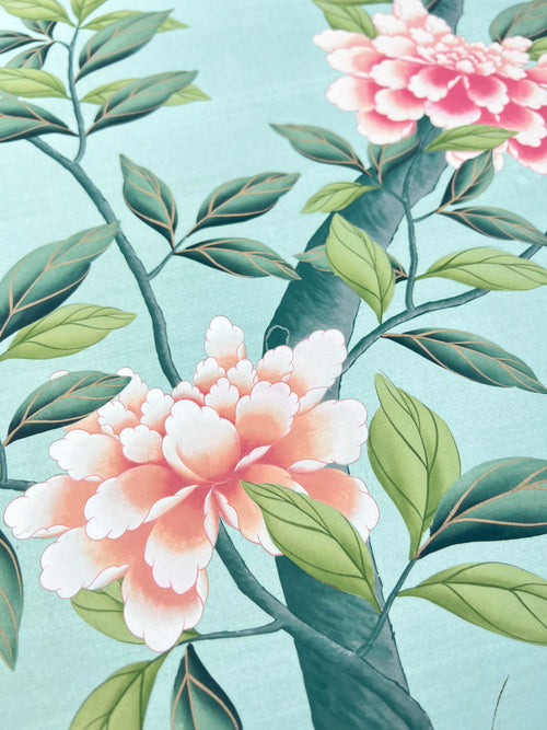 close up of blue and green vintage style botanical chinoiserie art print