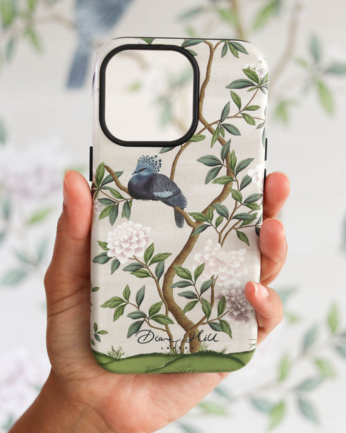 white luxury phonecase with chinoiserie style bird and white flowers