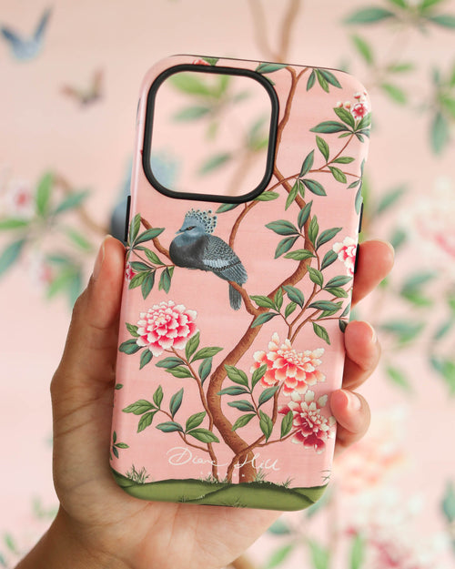 luxury pink floral botanical phone case containing pink chinoiserie design with a bird flowers and trees