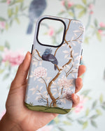 blue luxury phonecase with chinoiserie style bird and white flowers