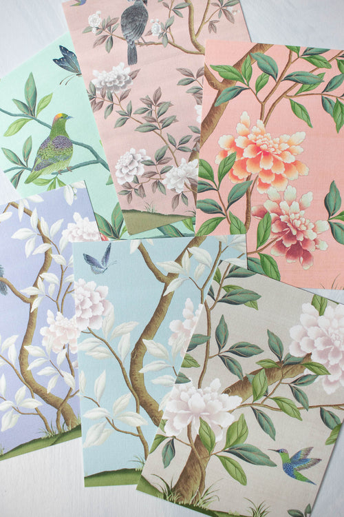 6 chinoiserie mini wall art prints in multi colours featuring botanical illustrations of birds, flowers, butterflies, and trees