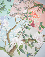 close up of 6 chinoiserie mini wall art prints in multi colours featuring botanical illustrations of birds, flowers, butterflies, and trees