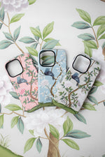 3 luxury chinoiserie phone cases with luxury vintage-style botanical designs featuring birds flowers and trees