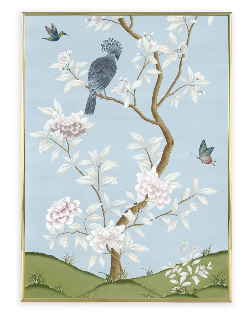 Framed blue botanical chinoiserie wall art print with flowers and birds in Chinese painting style