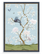 framed blue chinoiserie art print featuring birds, butterflies, and flowers