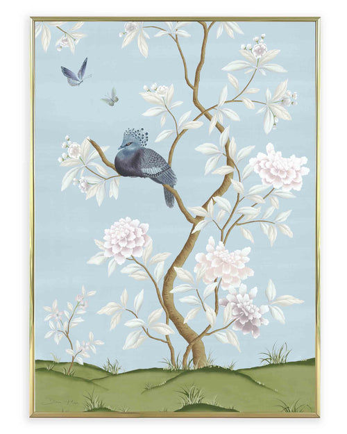 Blue botanical chinoiserie wall art print with flowers and birds in Chinese painting style