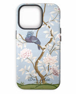 blue luxury phonecase with chinoiserie style bird and white flowers