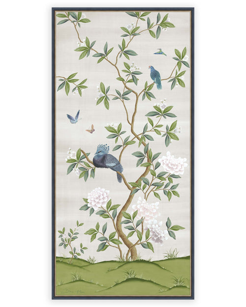 framed ivory and green botanical chinoiserie wall panel prints with flowers and birds in Chinese painting style