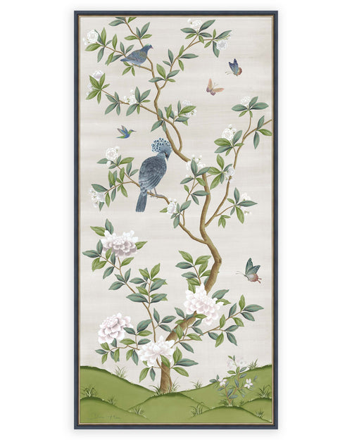 framed ivory and green botanical chinoiserie wall panel prints with flowers and birds in Chinese painting style