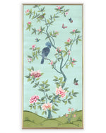 framed blue and green botanical chinoiserie wall panel print with flowers and birds in Chinese painting style