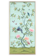 framed blue and green botanical chinoiserie wall panel print with flowers and birds in Chinese painting style