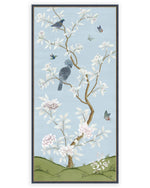 framed blue chinoiserie art print wall panel featuring birds, butterflies, and flowers