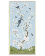 Framed blue botanical chinoiserie wall panel prints with flowers and birds in Chinese painting style