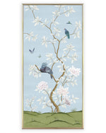 Framed blue botanical chinoiserie wall panel prints with flowers and birds in Chinese painting style