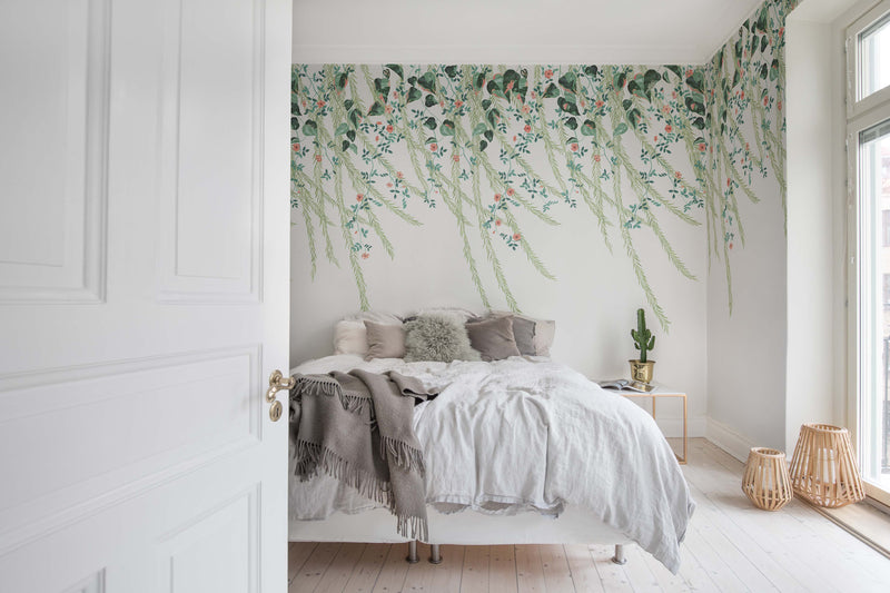 'Lush Foliage' chinoiserie wallpaper by Diane Hill for Rebel Walls in a bedroom lifestyle photo