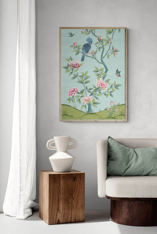 framed blue and green botanical chinoiserie wall art print with flowers and birds in Chinese painting style on wall