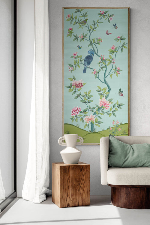 framed blue and green botanical chinoiserie wall art panel with flowers and birds in Chinese painting style on wall