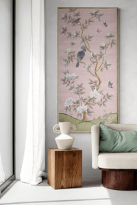 Pink botanical chinoiserie wall panel print with flowers and birds in Chinese painting style on wall