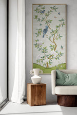 framed ivory and green botanical chinoiserie wall panel print with flowers and birds in Chinese painting style on wall