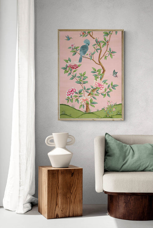 framed pink and green botanical chinoiserie wall art print with flowers and birds in Chinese painting style on wall