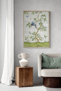 framed ivory and green botanical chinoiserie wall art print with flowers and birds in Chinese painting style on wall