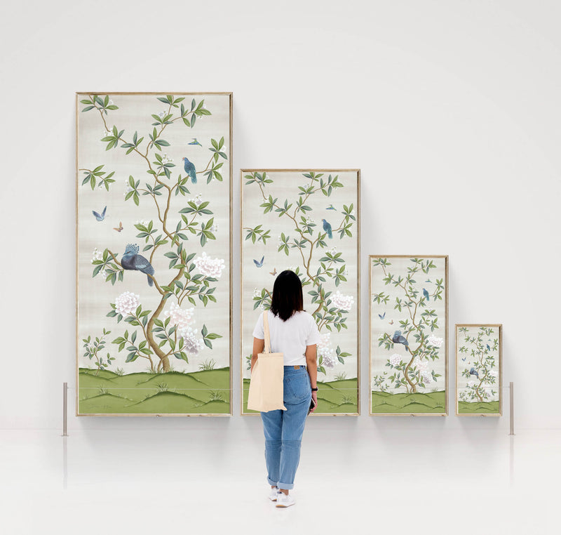 size scale for ivory and green chinoiserie wall art panels